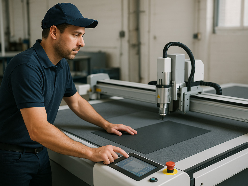 国外客户正在使用振动刀下料机切割柔性材料